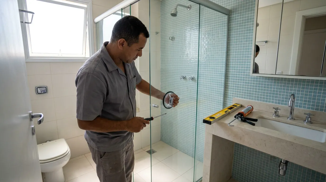 Vidraceiro fixando o box no banheiro